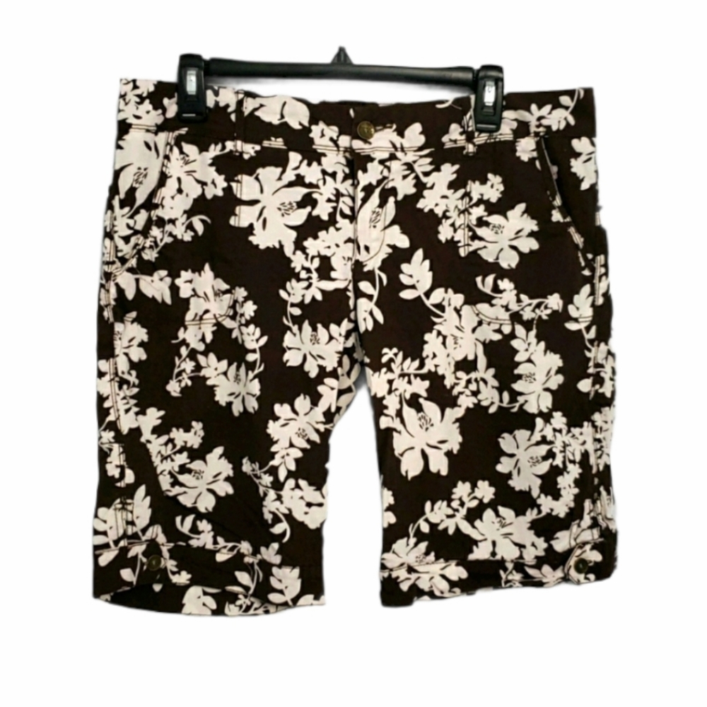 Brown and White Floral Long Shorts